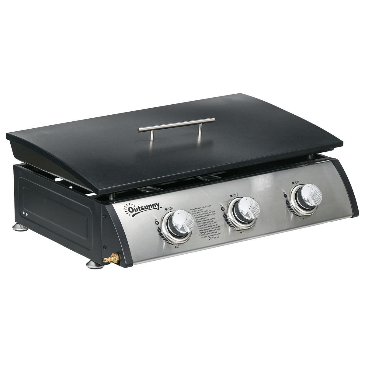 Outsunny 3 Burner Gas Plancha BBQ Grill with Lid, Black