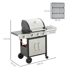 Outsunny Gas Barbecue Grill 3+1 Burner Garden Smoker BBQ Trolley w/ Side Burner Warming Rack Side Shelves Storage Cabinet Piezo Ignition Thermometer Stainless Steel + Metal