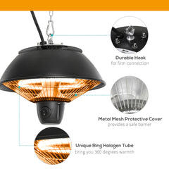 Outsunny 600W Electric Heater Ceiling Hanging Halogen Light with Adjustable Hook Chain Black Aluminium Frame