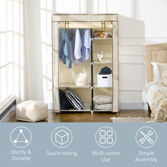 HOMCOM Fabric Wardrobe, Portable Wardrobe with 6 Shelves, 1 Hanging Rail, Foldable Closets, 103 x 43 x 162.5 cm, Cream White