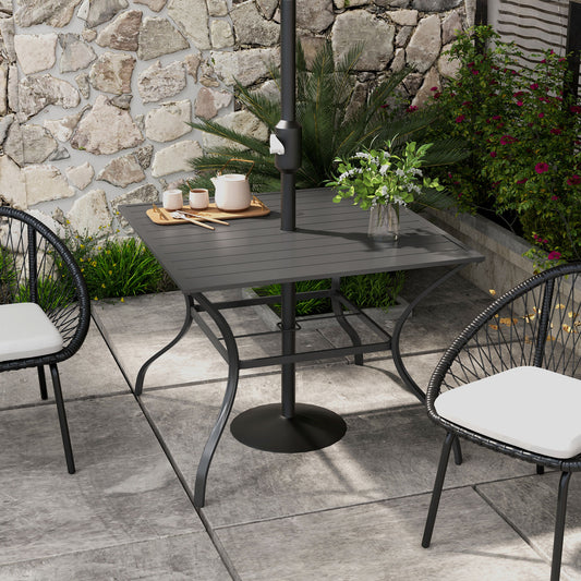 Outsunny 94 x 94 cm Garden Table with Parasol Hole, Outdoor Dining Garden Table for Four with Slatted Metal Plate Top, Dark Grey