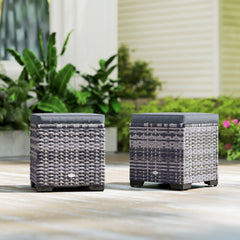 Outsunny Set of 2 Rattan Storage Ottoman, Outdoor Footstool with Removable Cushions, Garden Storage Seat for Balcony, Poolside, Living Room, Dark Grey