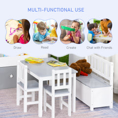 HOMCOM 4-Piece Kids Table and Chair Set with 2 Wooden Chairs, 1 Storage Bench, and Interesting Modern Design, Grey/White