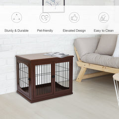 PawHut Dog Crate Furniture, Puppy Crate End Table, Pet Kennel House with 2 Doors for Medium and Small Dogs, 81 x 58.5 x 66 cm, Brown