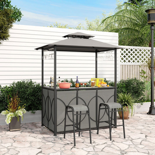 Grill Gazebo and 2 Bar Stools with Tempered Glass Bar Table for Patio Poolside Garden-Grey