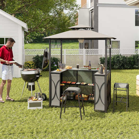 Grill Gazebo and 2 Bar Stools with Tempered Glass Bar Table for Patio Poolside Garden-Grey