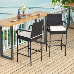 Patio Wicker Barstools Set of 2 with Armrests and Soft Cushions