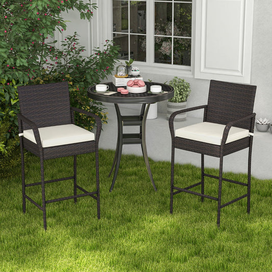 Patio Wicker Barstools Set of 2 with Armrests and Soft Cushions