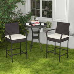 Patio Wicker Barstools Set of 2 with Armrests and Soft Cushions