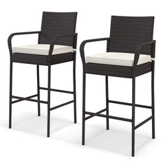 Patio Wicker Barstools Set of 2 with Armrests and Soft Cushions