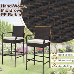 Patio Wicker Barstools Set of 2 with Armrests and Soft Cushions