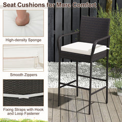 Patio Wicker Barstools Set of 2 with Armrests and Soft Cushions