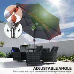 Outsunny 3-Tier Garden Parasol with Solar LED Lights, UPF 30+, Tilt Mechanism & Crank Handle, for Market Terrace, Dark Grey