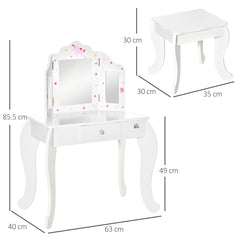 HOMCOM Kids Vanity Table & Stool Girls Dressing Set Make Up Desk Chair Dresser Play Set with Rotatable Mirrors Drawer Star & Heart Pattern White