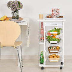 HOMCOM Rolling Kitchen Cart, Utility Storage Cart with 4 Basket Drawers & Side Racks, Wheels for Dining Room, White