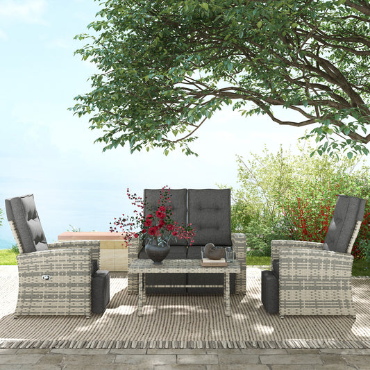 Outsunny 4 Piece Rattan Garden Furniture Set Outdoor Sofa Sectional Set with Glass Top Table for Poolside, Light Grey