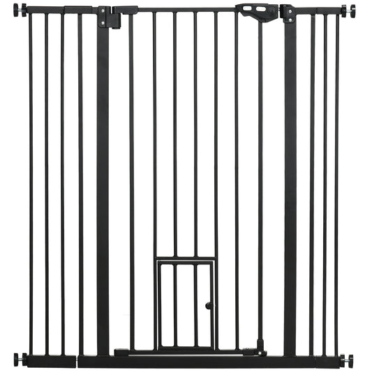 PawHut Extra Tall Pet Gate, Indoor Dog Safety Gate, with Cat Flap, Auto Close, 74-101cm Wide - Black