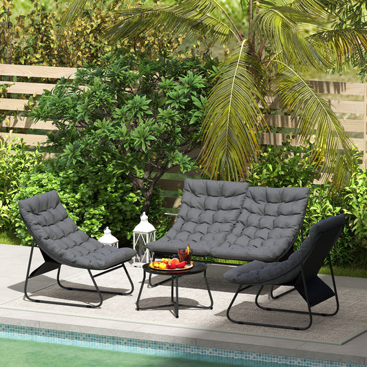 Outsunny 4 Seater Garden Furniture Set, Conversation Set with Loveseat Sofa, Chairs, Glass Coffee Table, Thick Cushions, Steel Outdoor Sofa for Balcony, Poolside, Conservatory, Grey