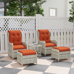 Outsunny 5 Pieces Rattan Bistro Set with Adjustable Back, Reclining Wicker Balcony Furniture with Cushions, Glass Top Coffee Table and Footstools, Outdoor Table and Chairs, Orange