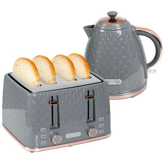 HOMCOM 1.7L 3000W Fast Boil Kettle & 4 Slice Toaster Set, Kettle and Toaster Set with 7 Browning Controls, Crumb Tray, Grey