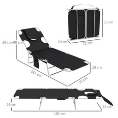 Outsunny Foldable Sun Lounger Set of 2, Beach Chaise Lounges with Reading Hole, Arm Slots, 5-Position Adjustable Backrest, Side Pocket, Pillow for Patio, Garden, Beach, Pool, Black