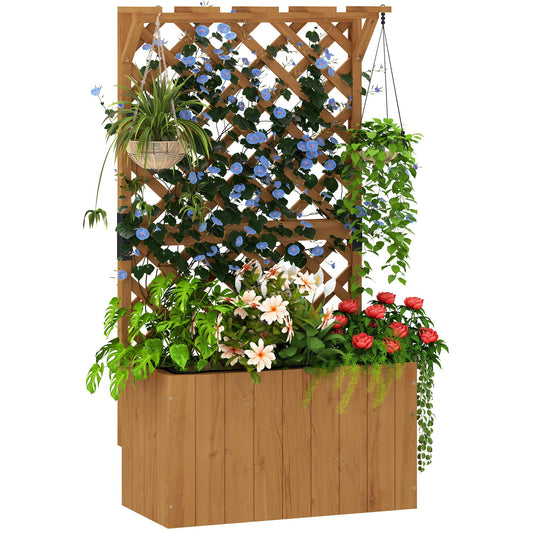 Outsunny Wooden Planter with Trellis, Freestanding Raised Garden Bed with Drainage Holes, Outdoor Planter Box with Liner for Vegetables, Herbs and Flowers, Natural