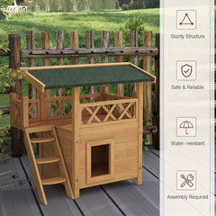 PawHut Cat House Outdoor w/ Balcony Stairs Roof, 77 x 50 x 73 cm, Natural Wood Finish