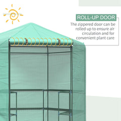 Outsunny Hexagon Walk In Greenhouse with Shelves, Outdoor Green House Grow House with Waterproof PE Cover and Roll-up Door, 228 x 196 x 215 cm, Green