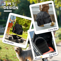 PawHut 3 in 1 Pet Stroller, Folding 4 Wheels Dog Pram with Detachable Carrier for Mini Dogs Cats, Black