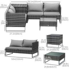 Outsunny 4 PCs Garden Rattan Wicker Outdoor Furniture Patio Corner Sofa Love Seat and Table Set with Cushions Side Desk Storage - Mixed Grey