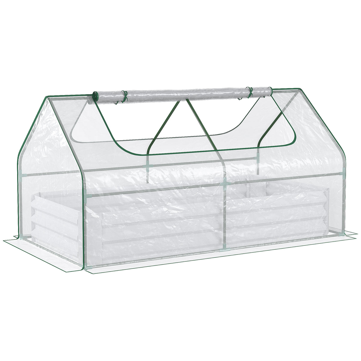 Outsunny Raised Garden Bed with Greenhouse, Steel Planter Box with Plastic Cover, Roll Up Window, Dual Use for Flowers, Vegetables, Fruits and Herbs, 185L x 95W x 92H cm, Clear