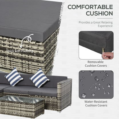 Outsunny 4-Seater Rattan Sofa Set Wicker Sectional Furniture Cushion Grey Garden