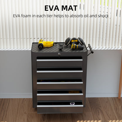 HOMCOM 5-Drawer Tool Chest with Wheels, Steel Lockable Tool Storage Cabinet with Handle, 2 Keys for Garage, Workshop, Black