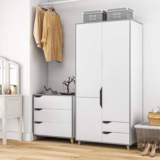 HOMCOM Bedroom Furniture Set, Wardrobe with Hanging Rail, 3 Drawer Chest of Drawers with Cut-out Handles, Grey and White