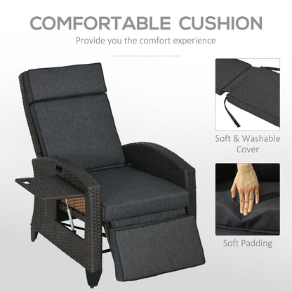Outsunny Outdoor Recliner Chair with Adjustable Backrest and Footrest, Cushion, Side Tray, Grey