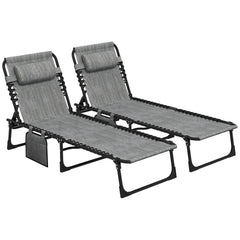 Outsunny Portable Sun Lounger Set of 2, Folding Camping Bed Cot, Reclining Lounge Chair 5-position Adjustable Backrest with Side Pocket, Pillow for Patio Garden Beach Pool, Mixed Grey