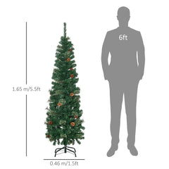 HOMCOM 5.5FT Tall√Ç Pencil Slim Artificial Christmas Tree with√Ç Realistic√Ç Branches, Tip Count and Pine Cones, Pine Needles Tree, Xmas√Ç Decoration, Green