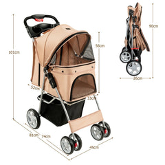 4-Wheel Folding Pet Stroller with Storage Basket and Adjustable Canopy-Beige