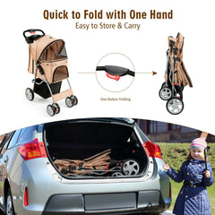 4-Wheel Folding Pet Stroller with Storage Basket and Adjustable Canopy-Beige