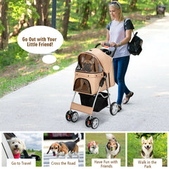 4-Wheel Folding Pet Stroller with Storage Basket and Adjustable Canopy-Beige