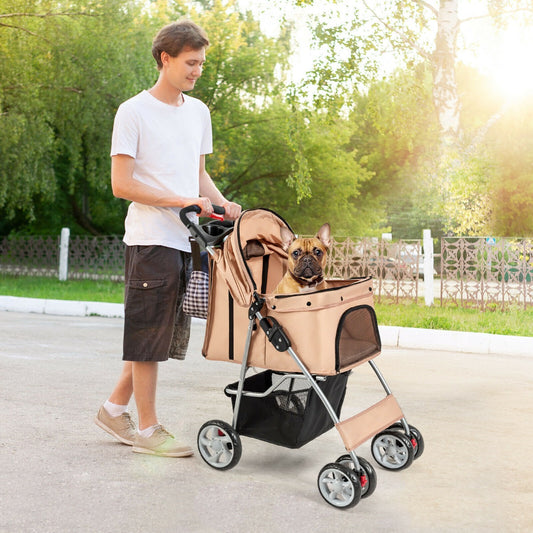 4-Wheel Folding Pet Stroller with Storage Basket and Adjustable Canopy-Beige