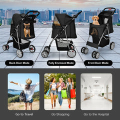 4-Wheel Folding Pet Stroller with Storage Basket and Adjustable Canopy-Black