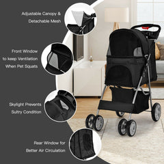 4-Wheel Folding Pet Stroller with Storage Basket and Adjustable Canopy-Black