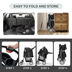 4-Wheel Folding Pet Stroller with Storage Basket and Adjustable Canopy-Black