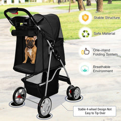 4-Wheel Folding Pet Stroller with Storage Basket and Adjustable Canopy-Black