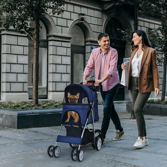 4-Wheel Folding Pet Stroller with Storage Basket and Adjustable Canopy-Navy