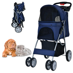 4-Wheel Folding Pet Stroller with Storage Basket and Adjustable Canopy-Navy