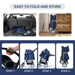 4-Wheel Folding Pet Stroller with Storage Basket and Adjustable Canopy-Navy