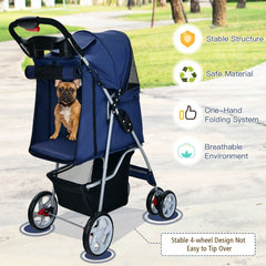 4-Wheel Folding Pet Stroller with Storage Basket and Adjustable Canopy-Navy