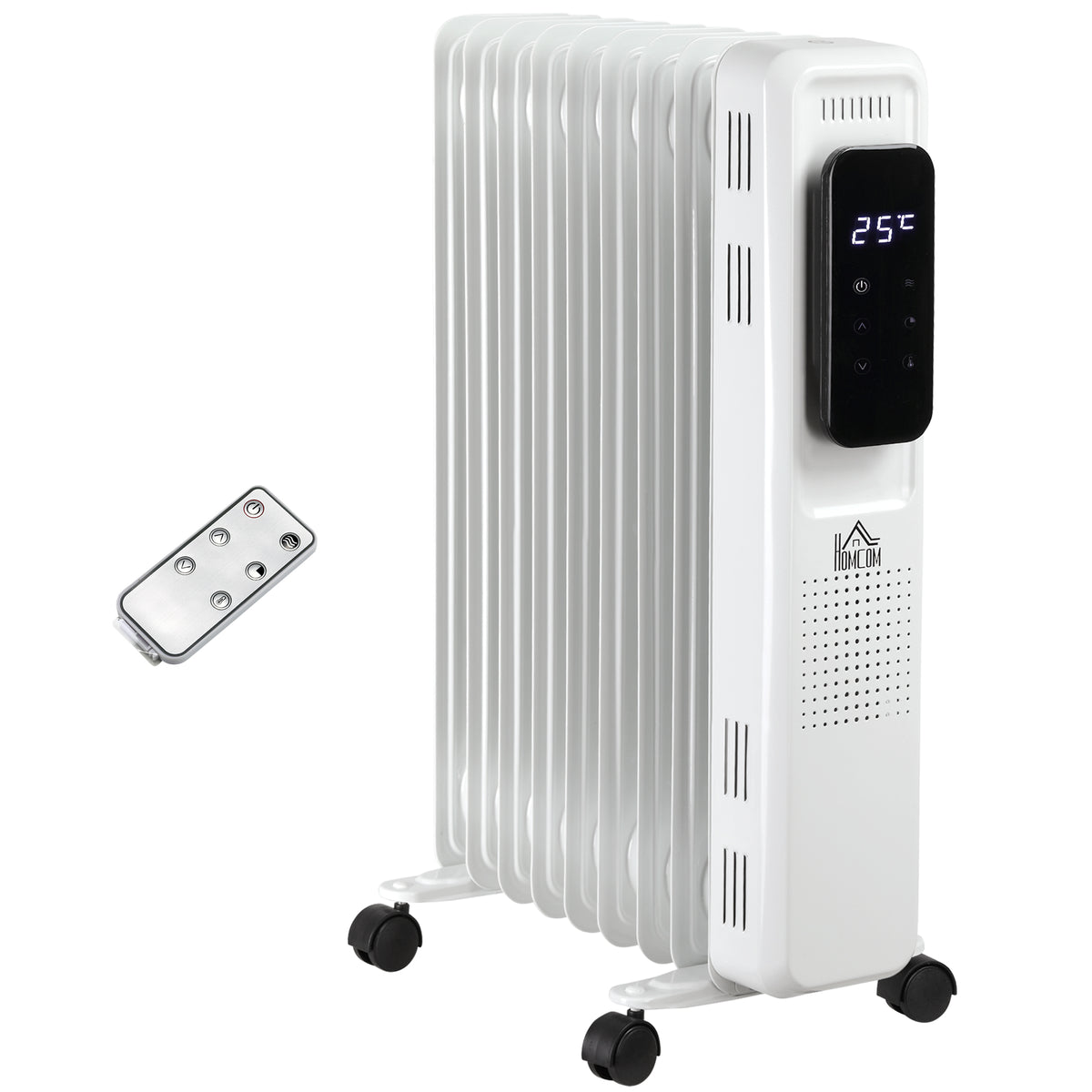 HOMCOM 2000W Oil Filled Radiator, 9 Fin Portable Electric Heater with LED Display, 24H Timer, 3 Heat Settings, Adjustable Thermostat, Safety Cut off, Remote Control, White